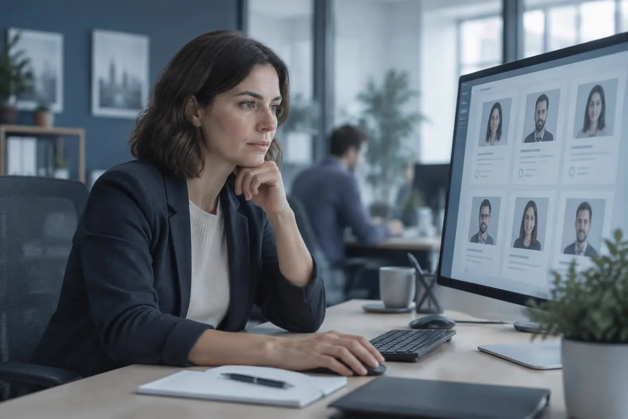 Recruiter at a desk reviewing candidate profiles on a large screen in a bright office